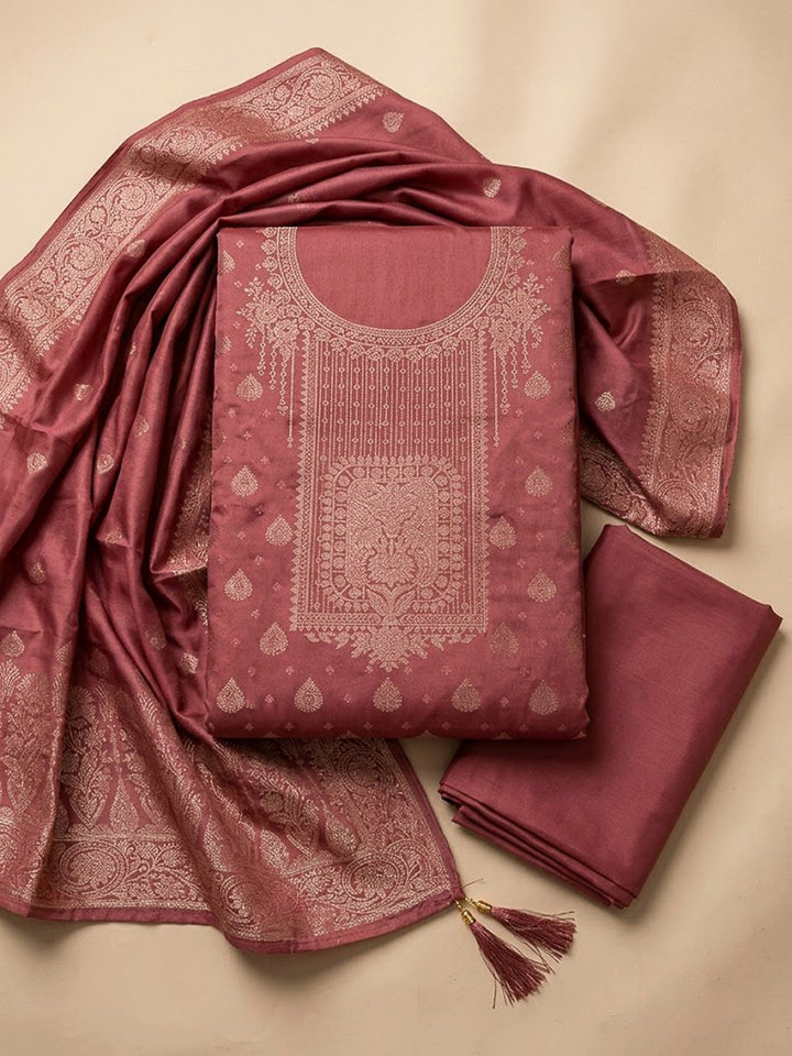 Onion Pink Chanderi Woven Design Unstitched Dress Material