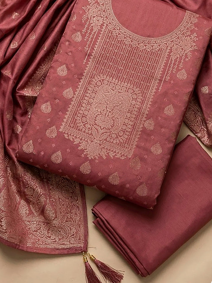 Onion Pink Chanderi Woven Design Unstitched Dress Material