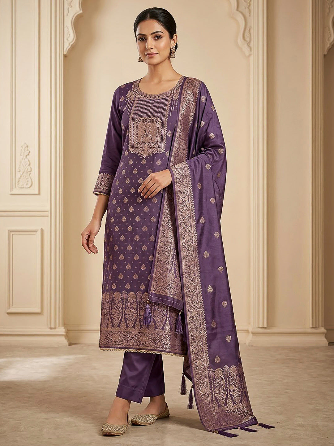 Purple Chanderi Woven Design Unstitched Dress Material