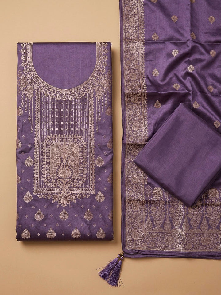 Purple Chanderi Woven Design Unstitched Dress Material