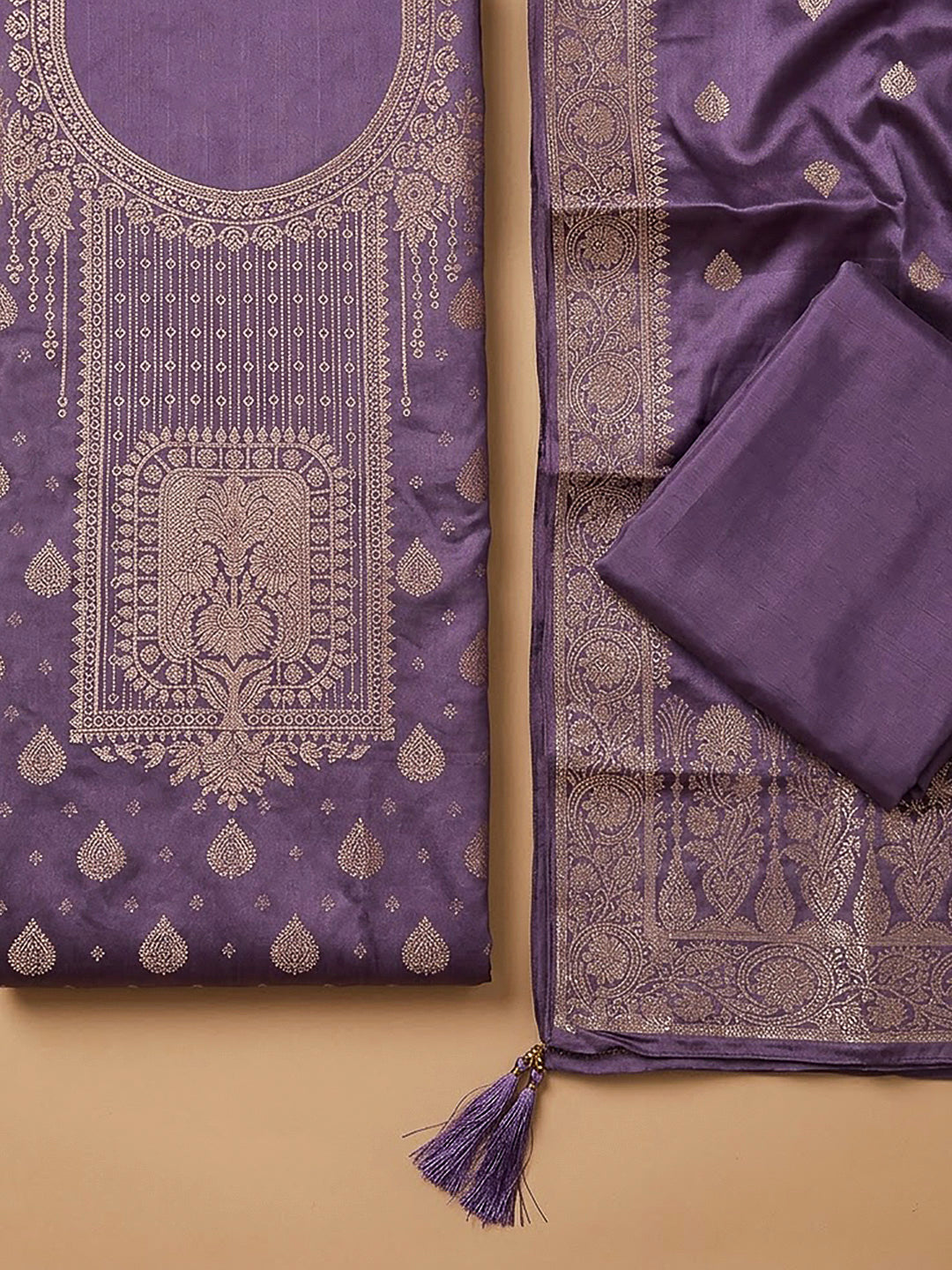 Purple Chanderi Woven Design Unstitched Dress Material