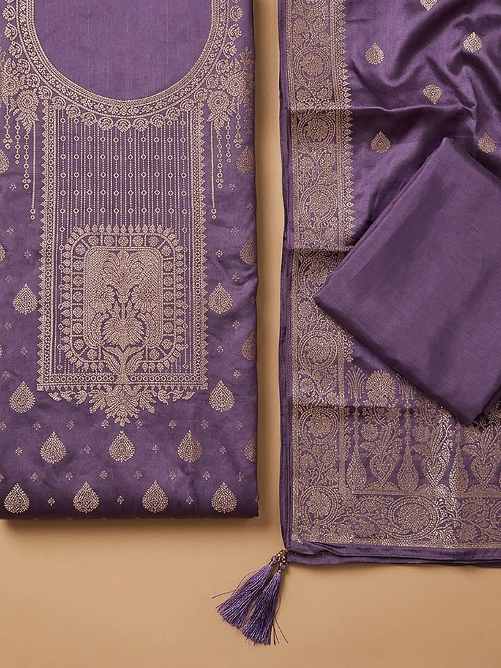 Purple Chanderi Woven Design Unstitched Dress Material