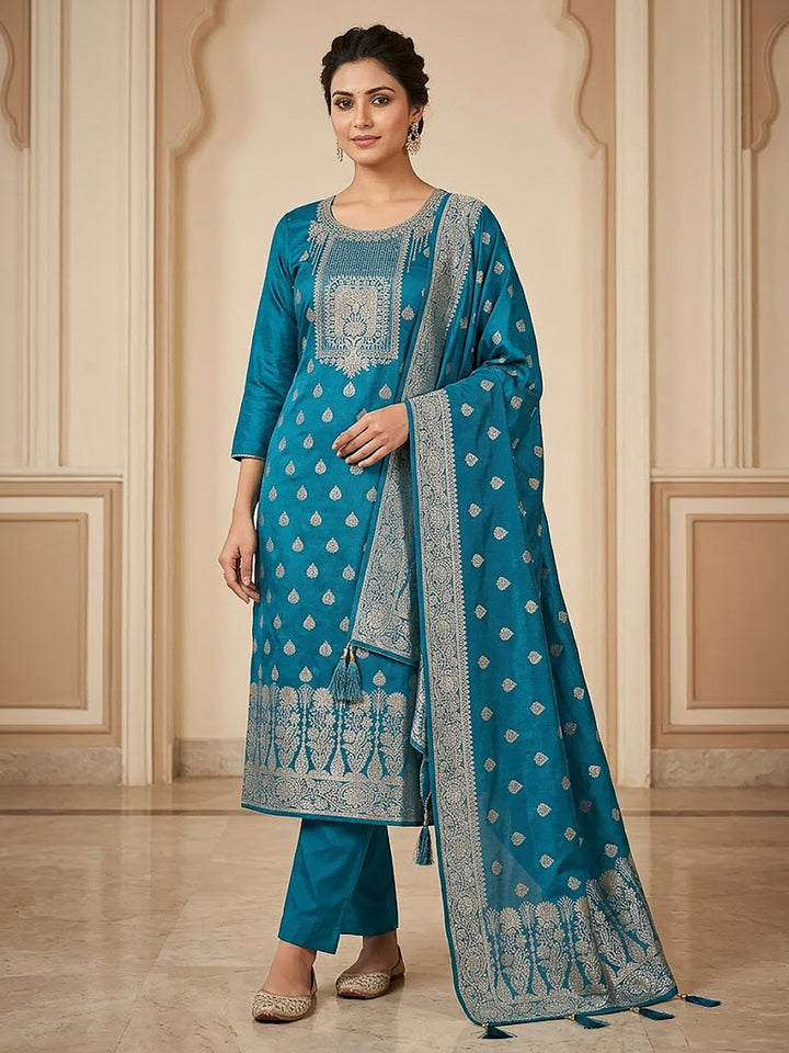 Teal Blue Chanderi Woven Design Unstitched Dress Material