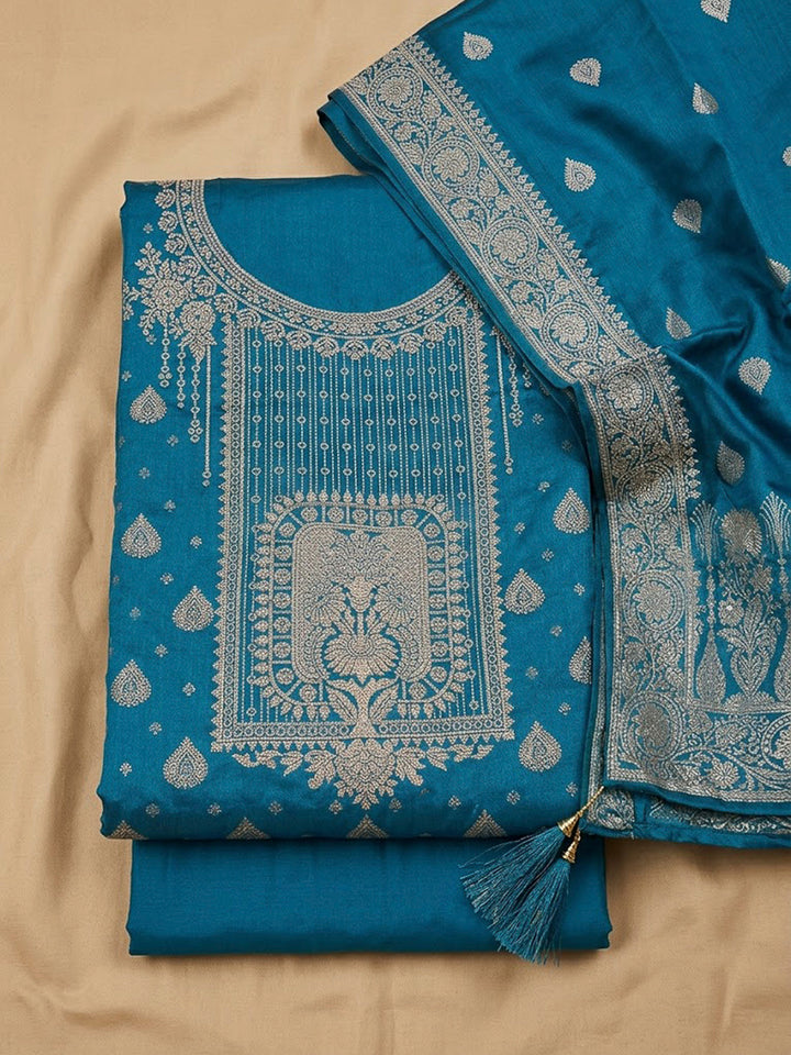 Teal Blue Chanderi Woven Design Unstitched Dress Material