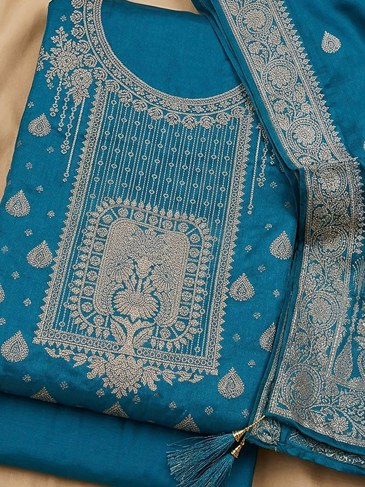 Teal Blue Chanderi Woven Design Unstitched Dress Material