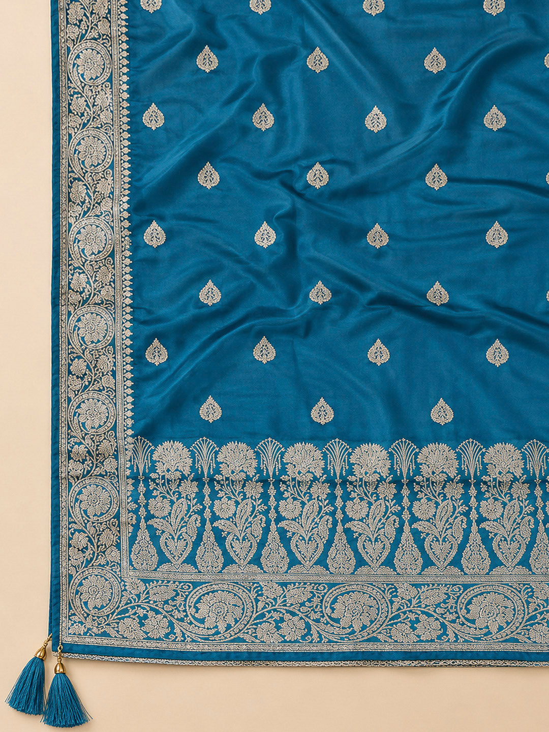 Teal Blue Chanderi Woven Design Unstitched Dress Material