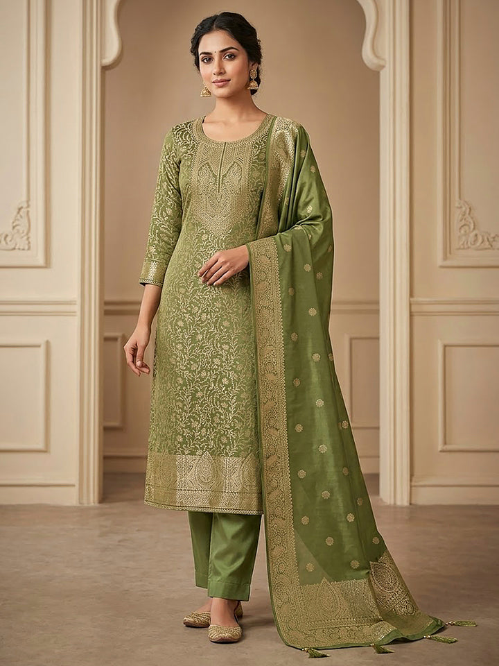 Mehndi Chanderi Woven Design Unstitched Dress Material