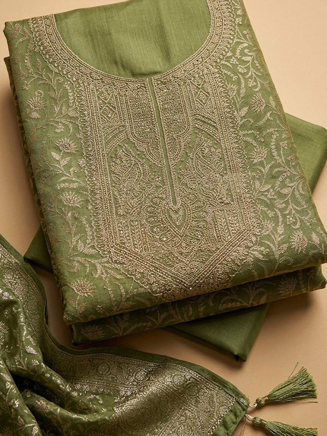 Mehndi Chanderi Woven Design Unstitched Dress Material