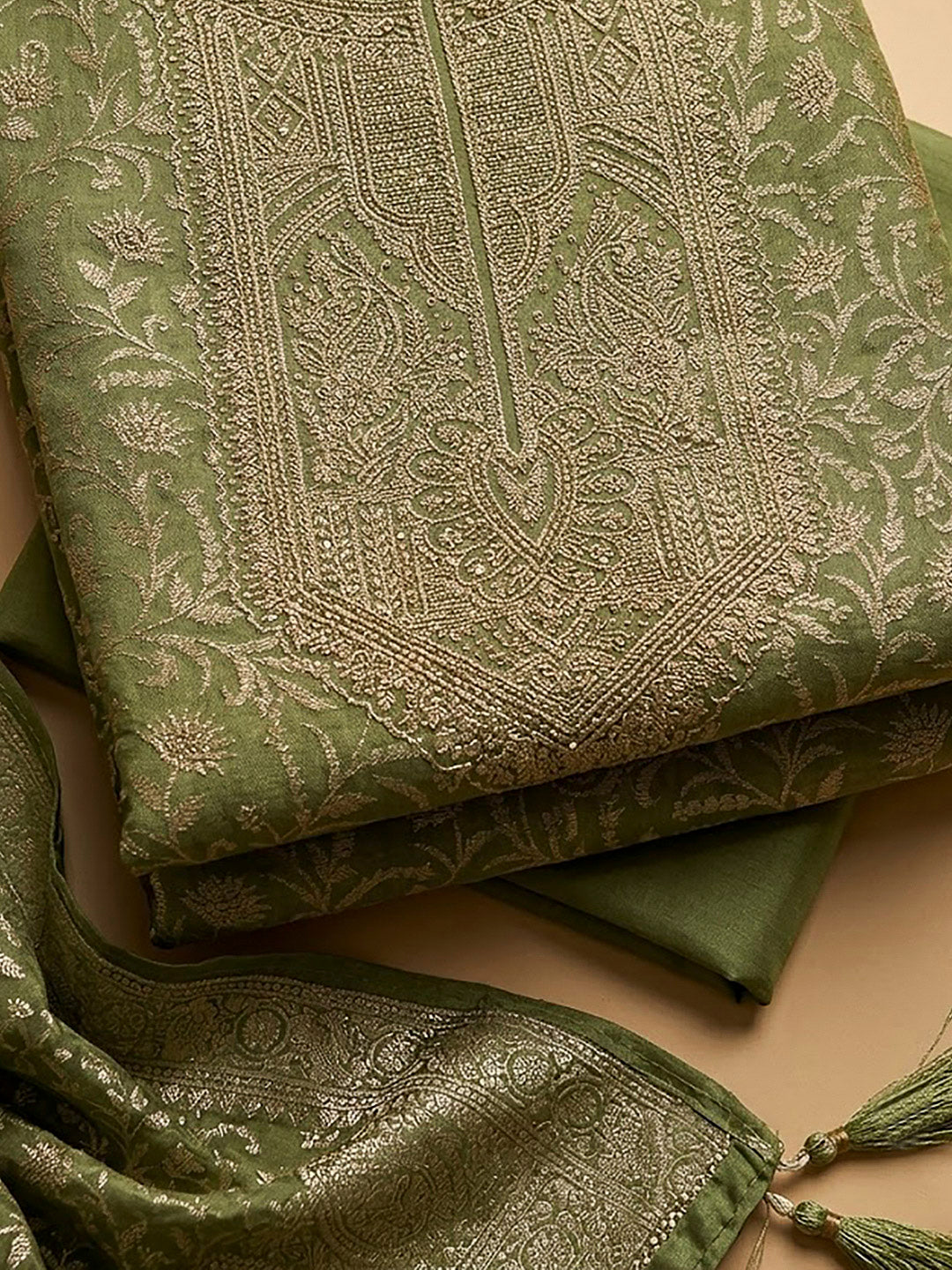 Mehndi Chanderi Woven Design Unstitched Dress Material