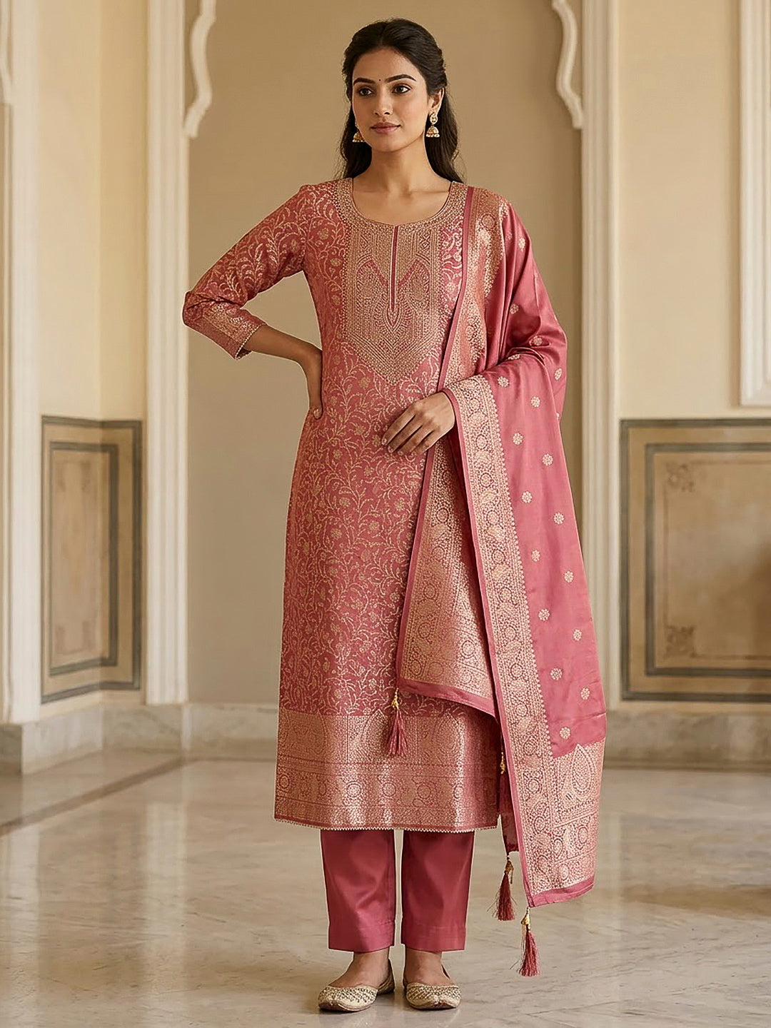 Peach Chanderi Woven Design Unstitched Dress Material
