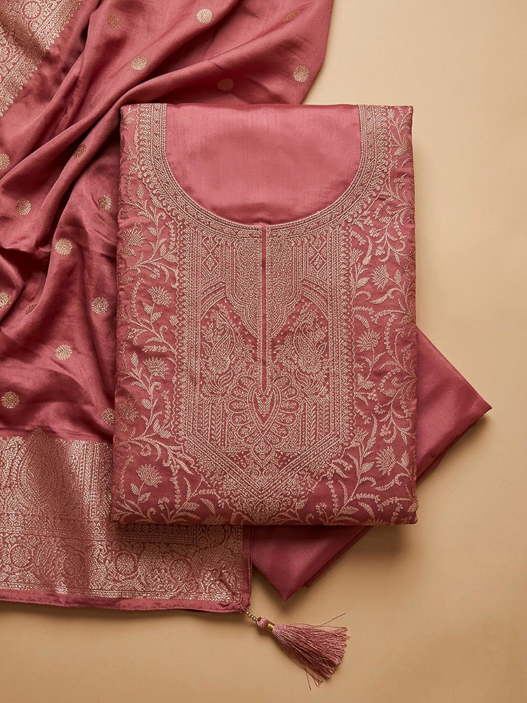 Peach Chanderi Woven Design Unstitched Dress Material