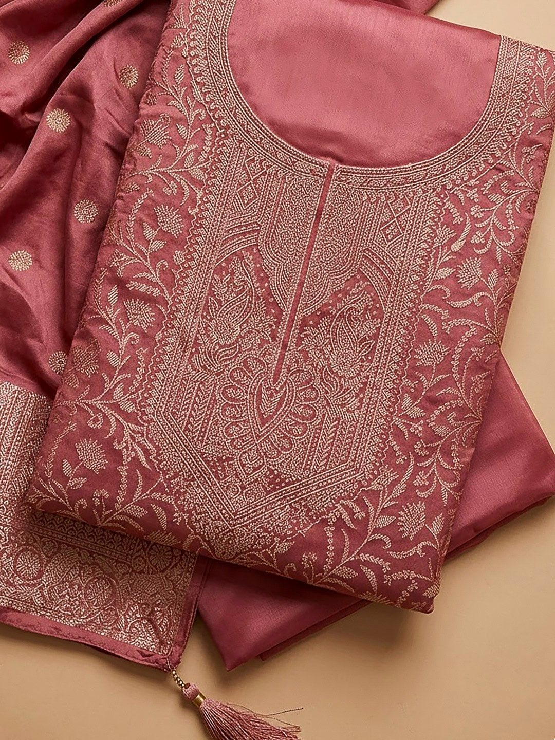 Peach Chanderi Woven Design Unstitched Dress Material