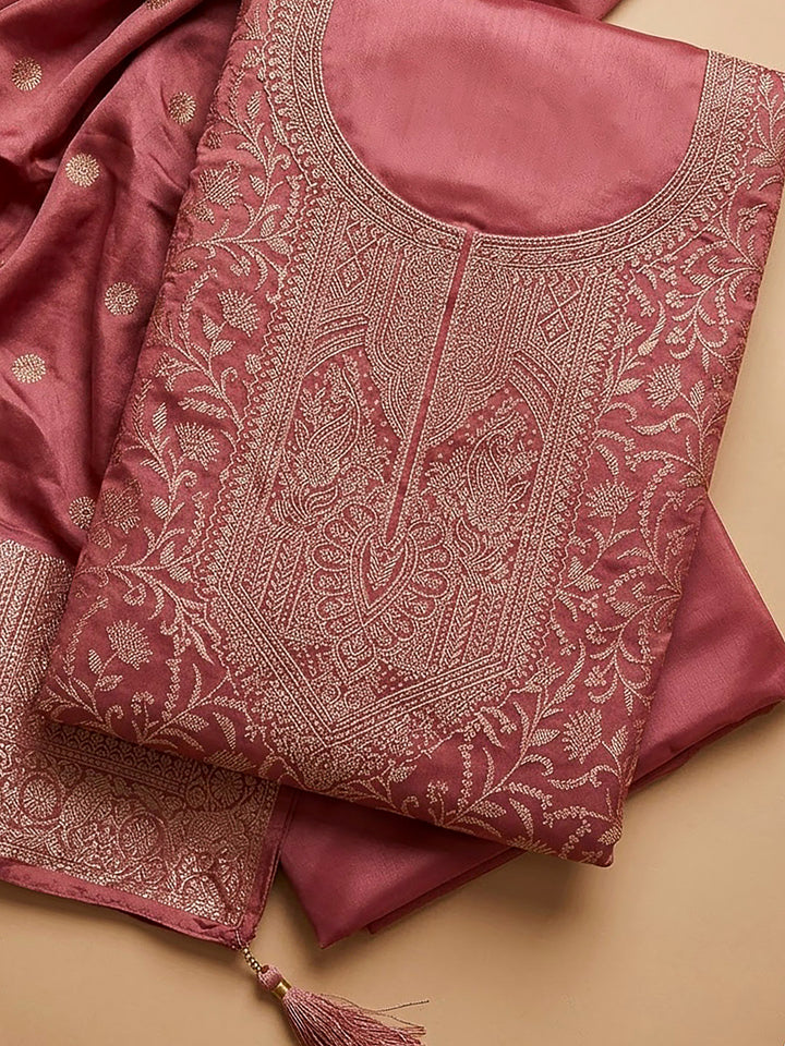Peach Chanderi Woven Design Unstitched Dress Material
