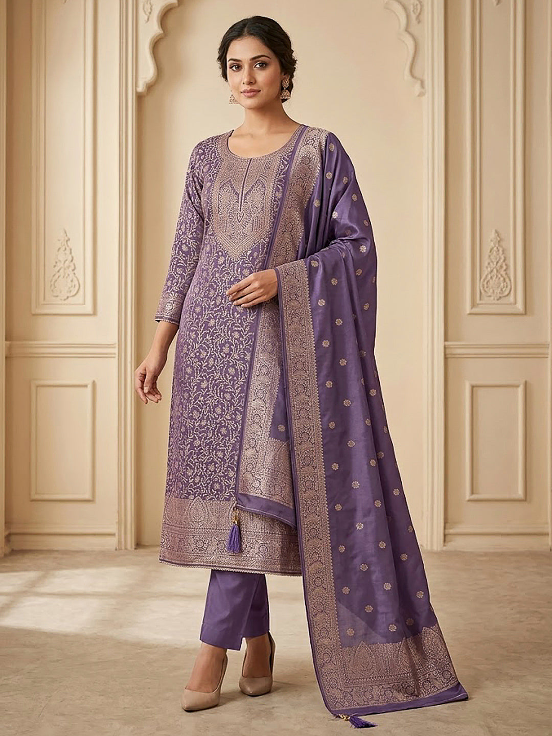 Purple Chanderi Woven Design Unstitched Dress Material