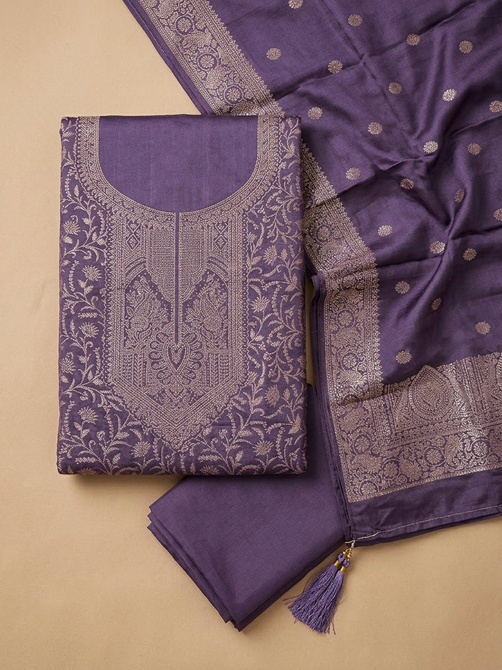 Purple Chanderi Woven Design Unstitched Dress Material