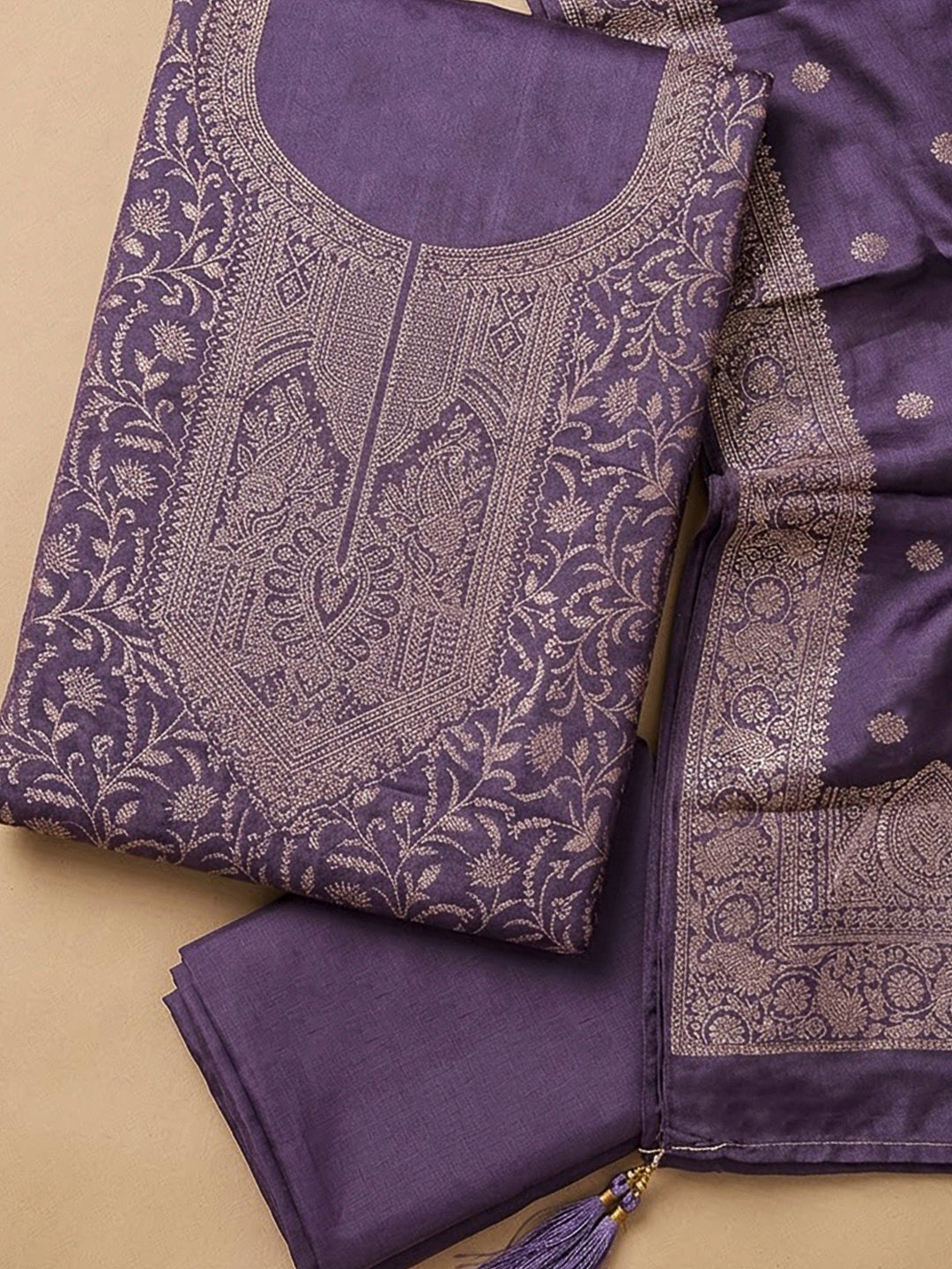 Purple Chanderi Woven Design Unstitched Dress Material