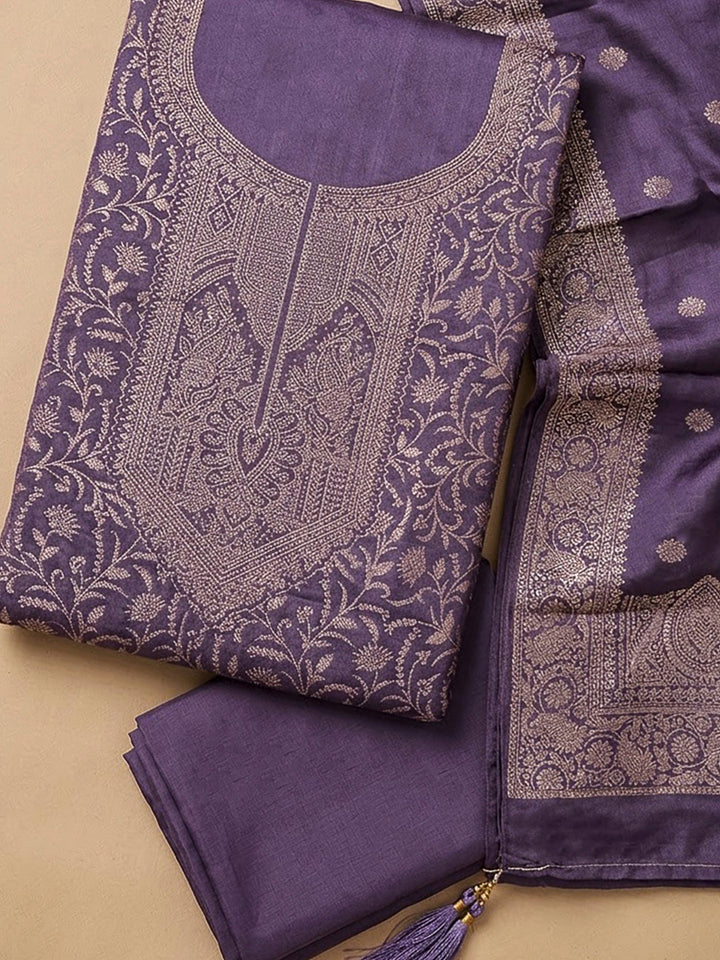 Purple Chanderi Woven Design Unstitched Dress Material