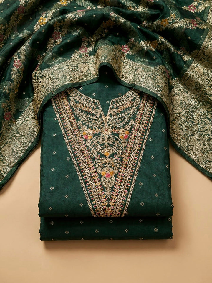 Bottle Green Chanderi Embroidered Unstitched Dress Material