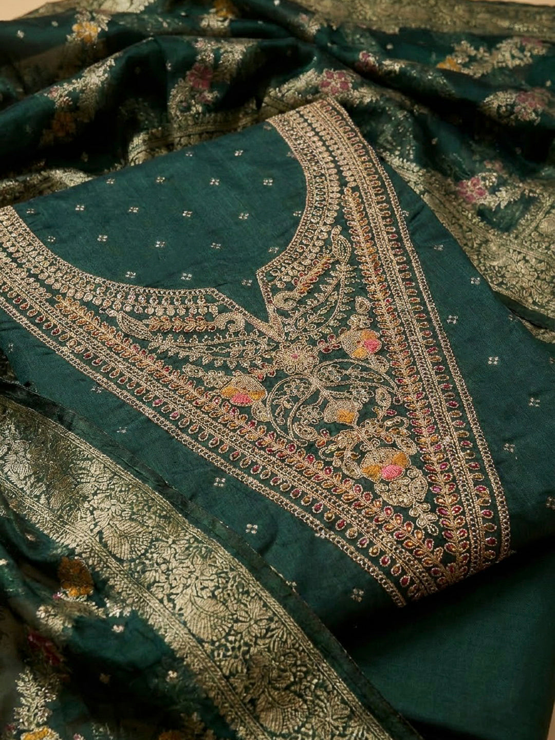 Bottle Green Chanderi Embroidered Unstitched Dress Material