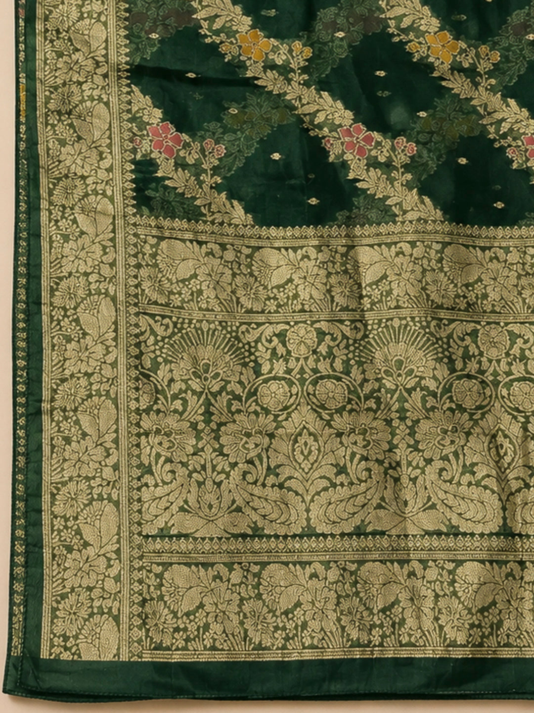 Bottle Green Chanderi Embroidered Unstitched Dress Material