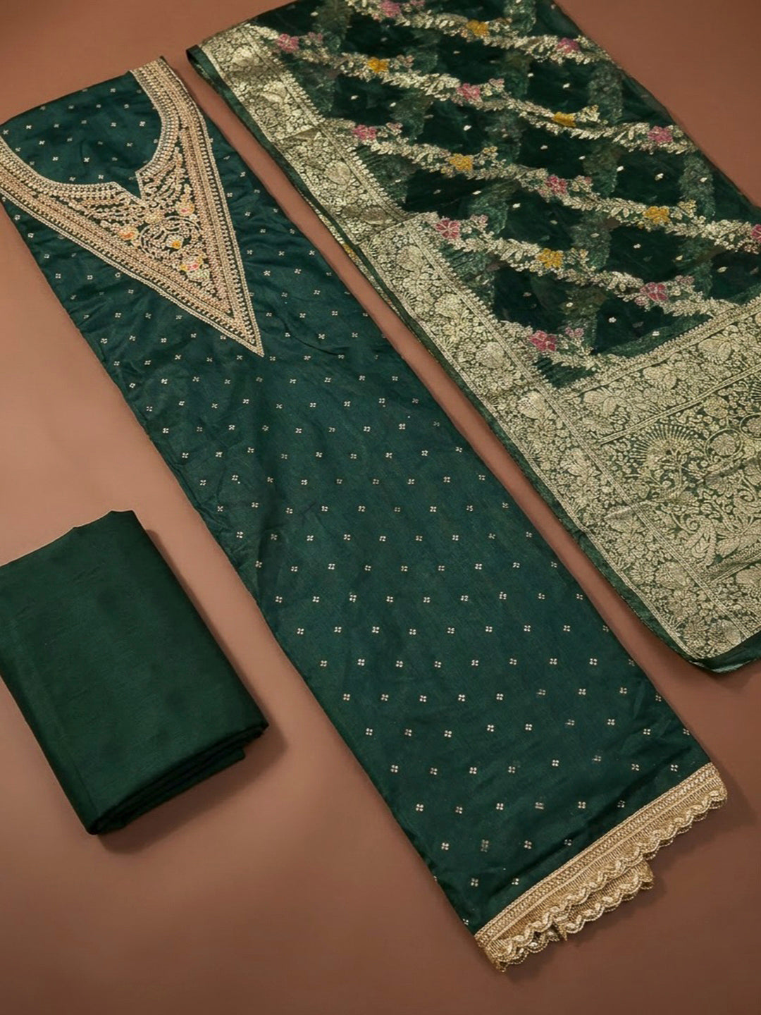 Bottle Green Chanderi Embroidered Unstitched Dress Material