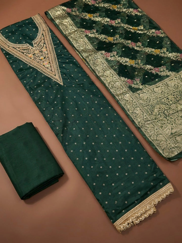 Bottle Green Chanderi Embroidered Unstitched Dress Material