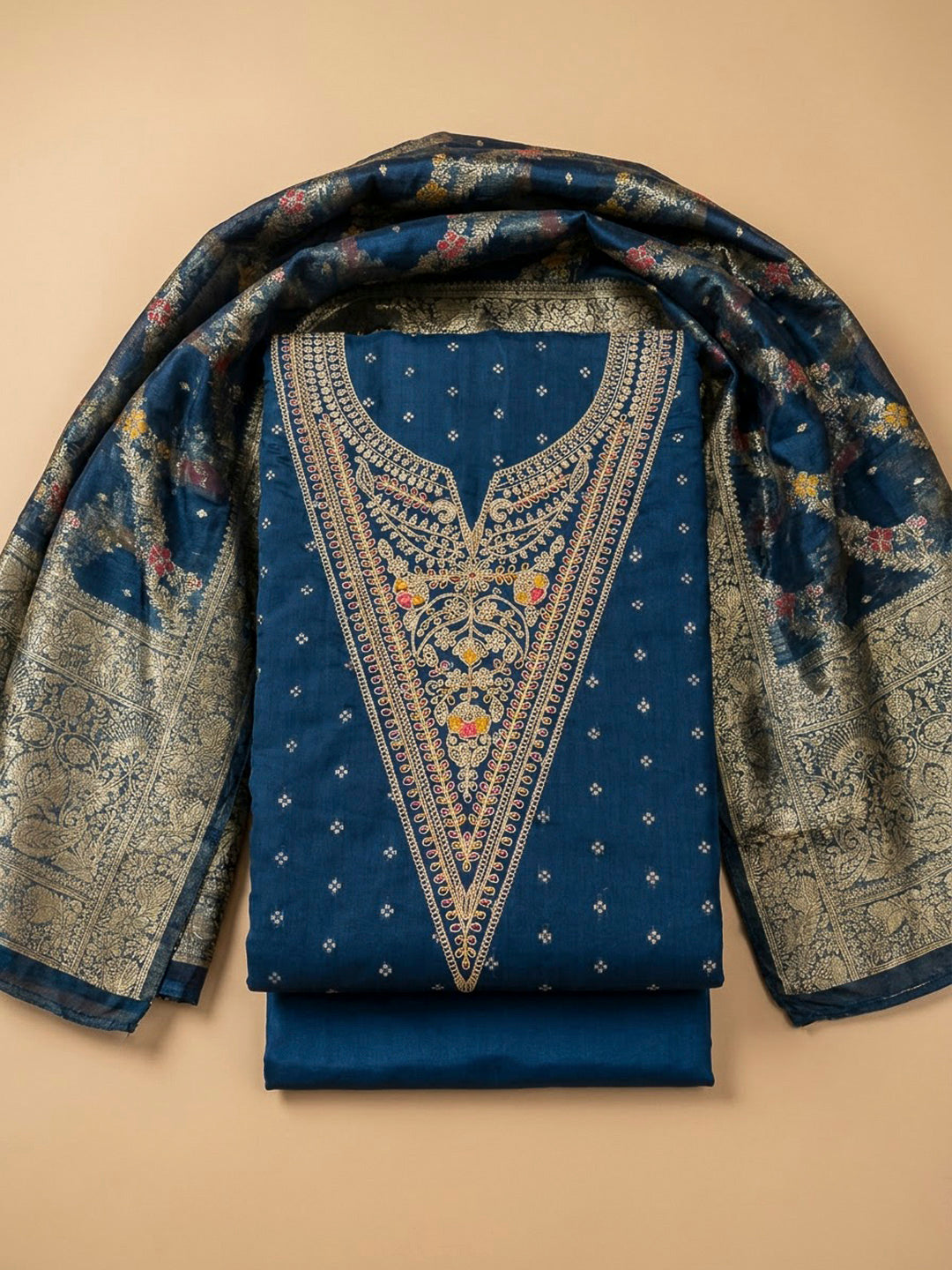 Navy Blue Chanderi Embroidered Unstitched Dress Material