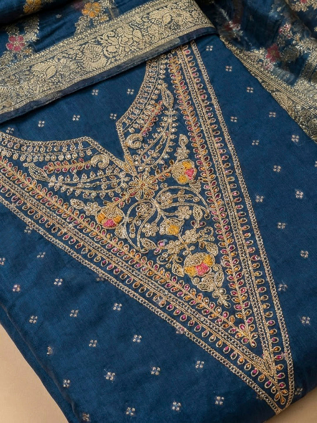 Navy Blue Chanderi Embroidered Unstitched Dress Material