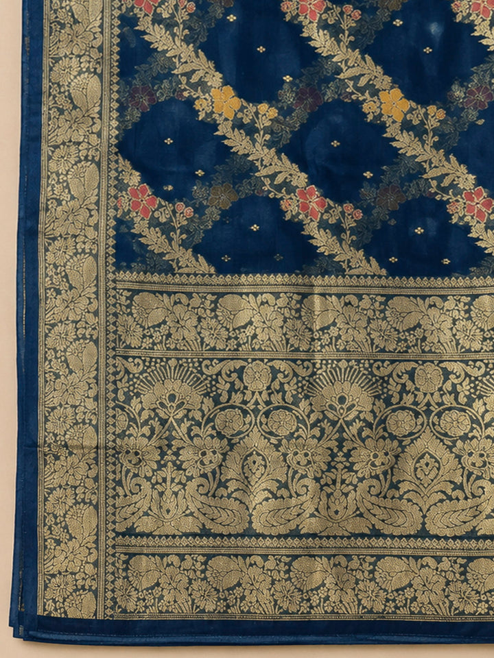 Navy Blue Chanderi Embroidered Unstitched Dress Material