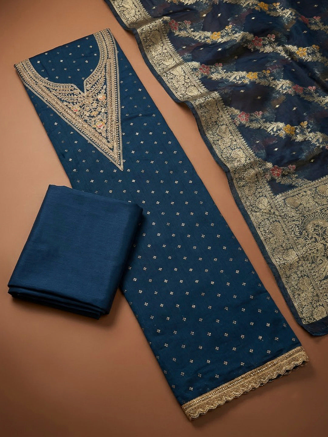 Navy Blue Chanderi Embroidered Unstitched Dress Material