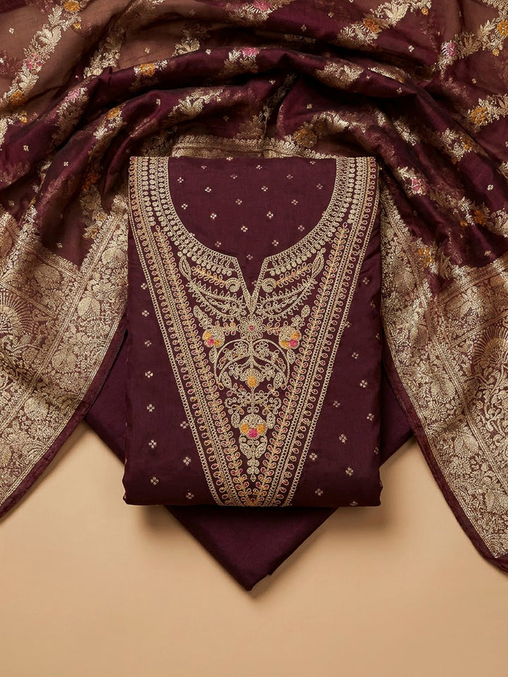 Wine Chanderi Embroidered Unstitched Dress Material