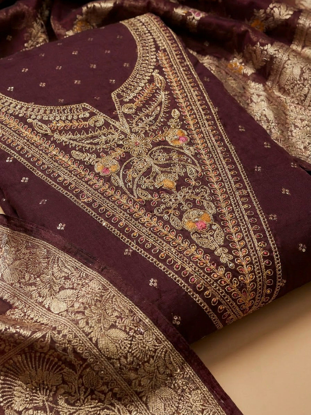 Wine Chanderi Embroidered Unstitched Dress Material