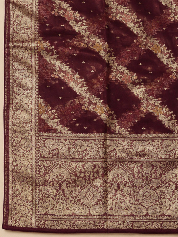 Wine Chanderi Embroidered Unstitched Dress Material