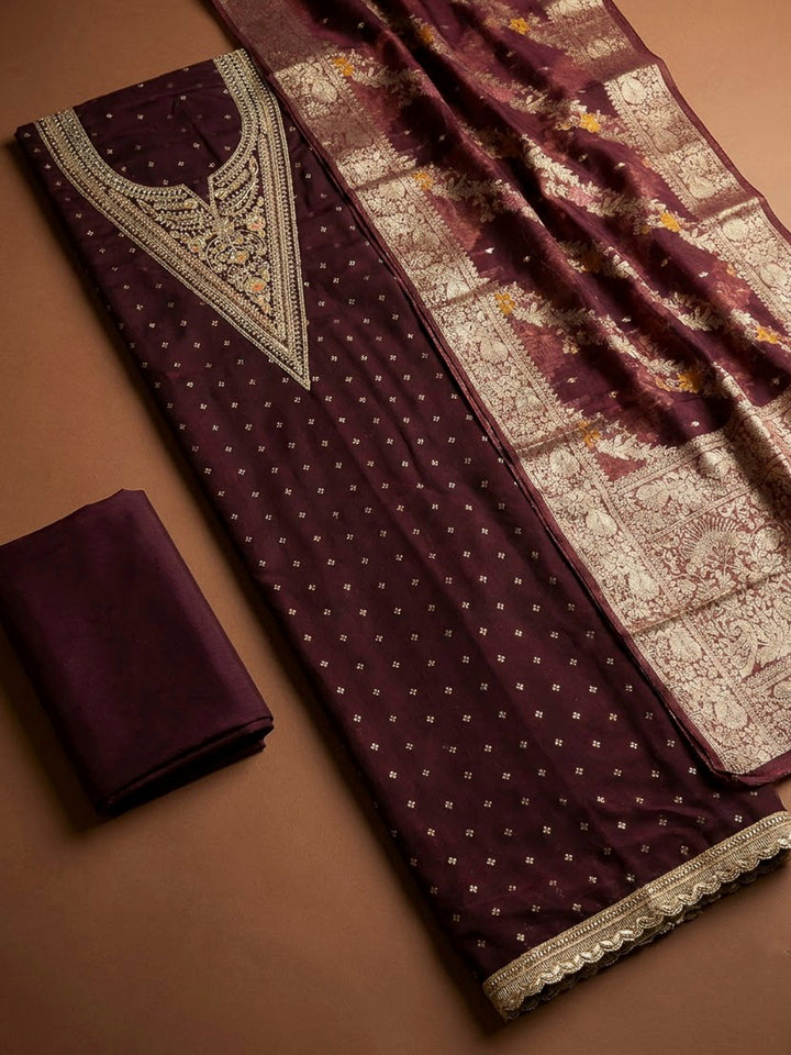 Wine Chanderi Embroidered Unstitched Dress Material