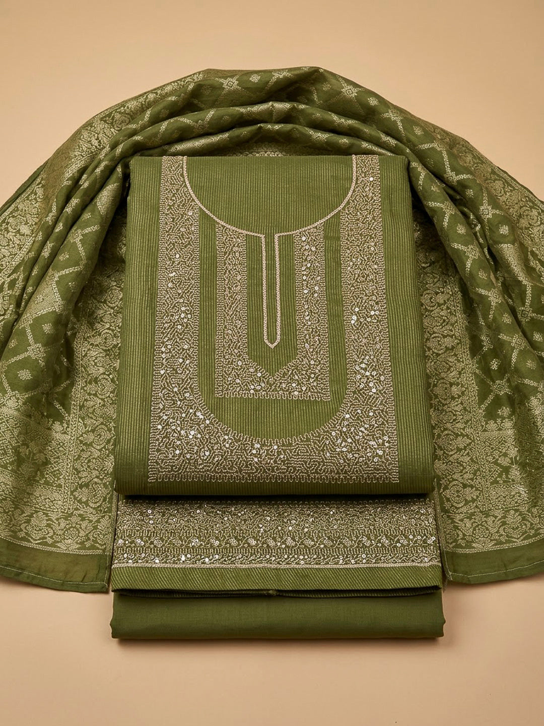 Bottle Green Tissue Embroidered Unstitched Dress Material
