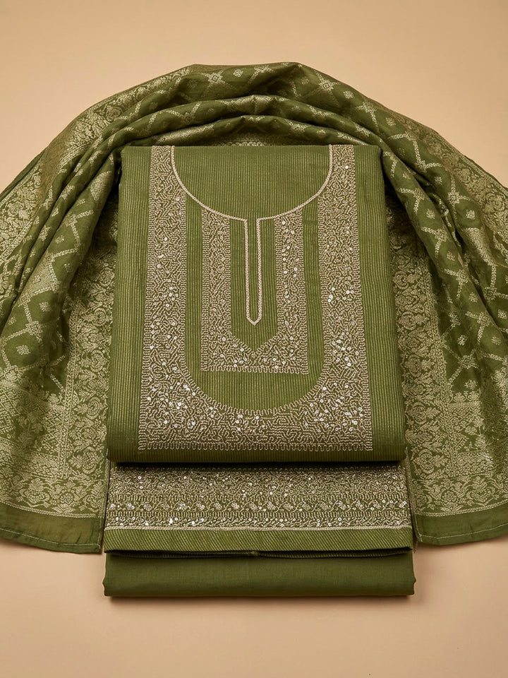 Bottle Green Tissue Embroidered Unstitched Dress Material