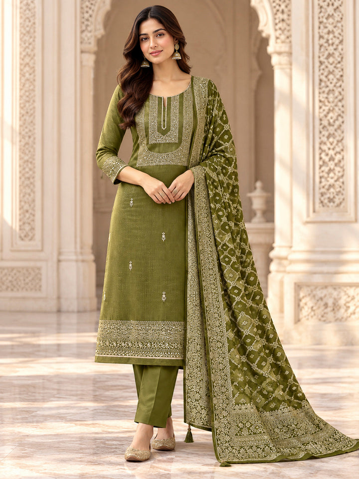 Bottle Green Tissue Embroidered Unstitched Dress Material