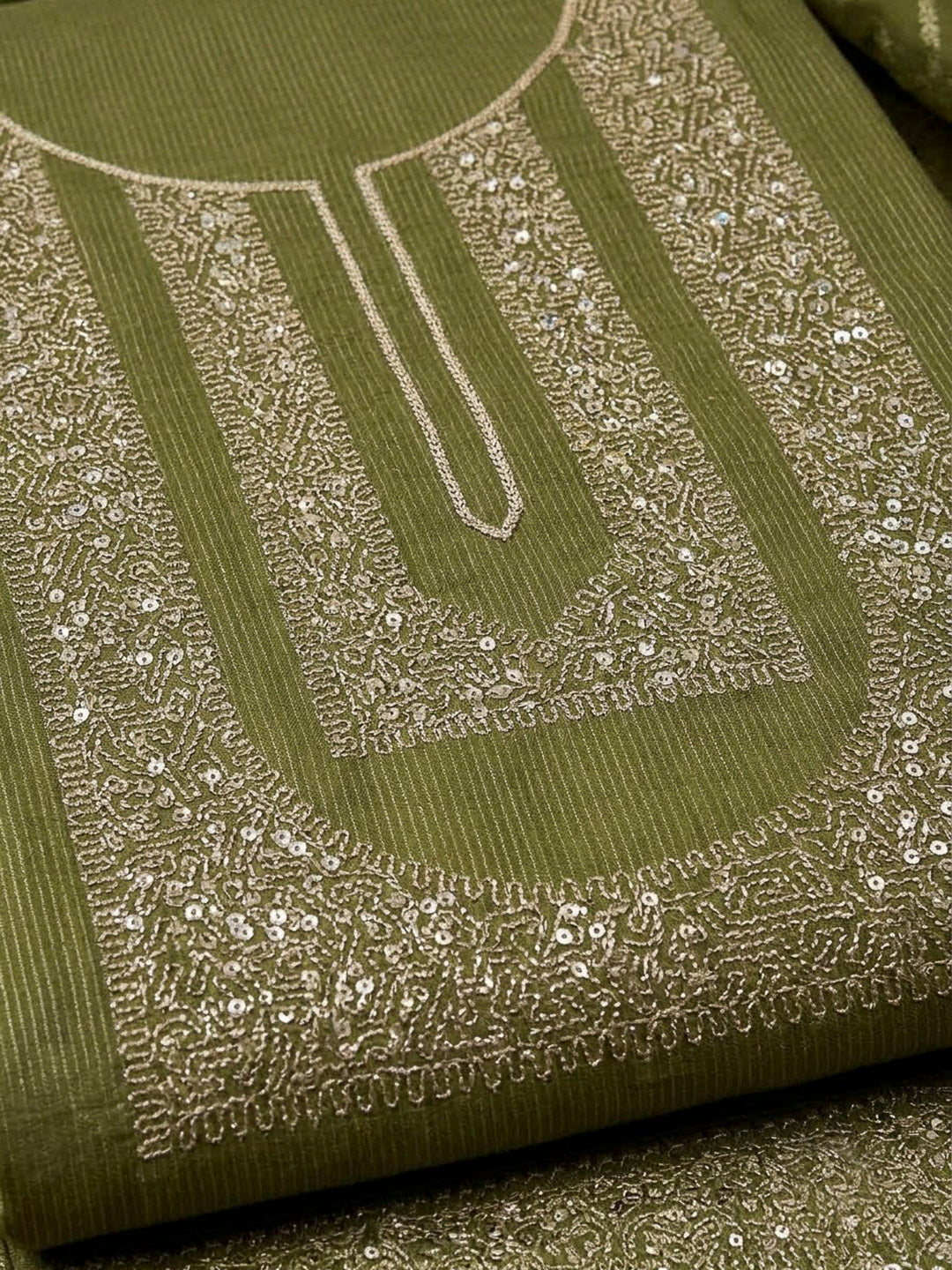 Bottle Green Tissue Embroidered Unstitched Dress Material