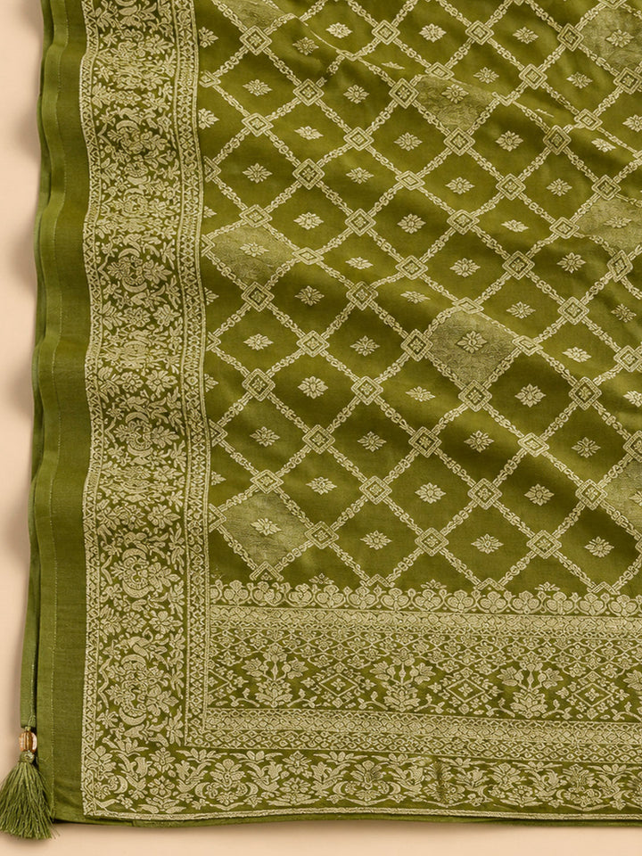 Bottle Green Tissue Embroidered Unstitched Dress Material