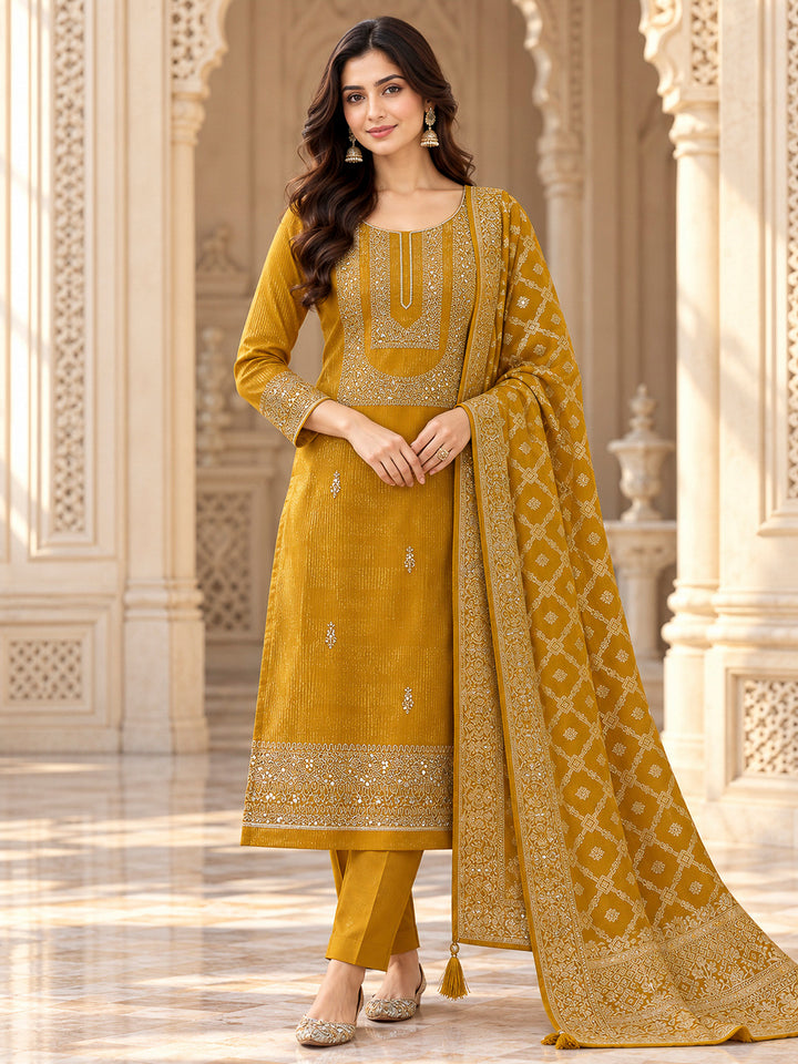 Mustard Tissue Embroidered Unstitched Dress Material