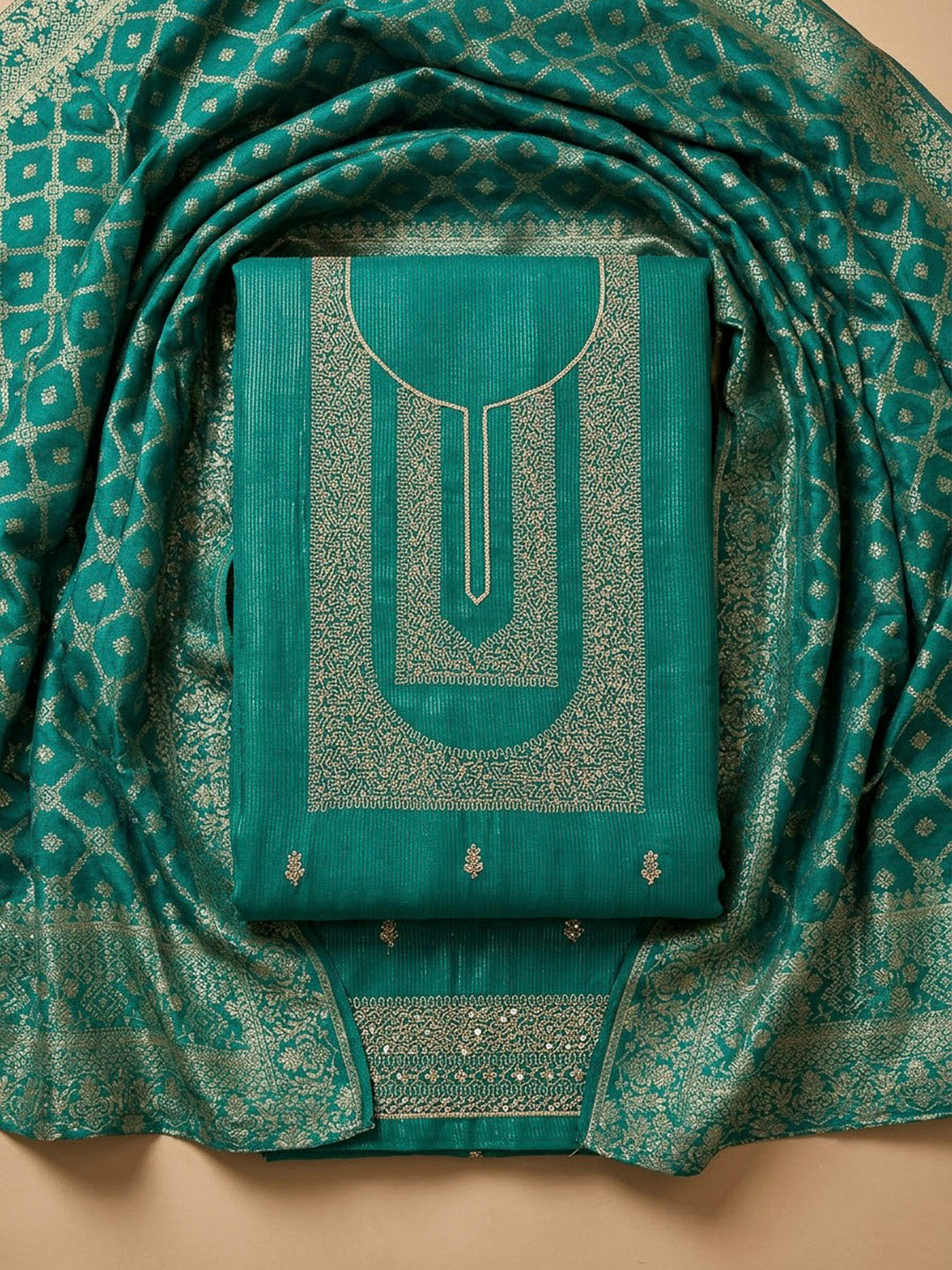 Rama Green Tissue Embroidered Unstitched Dress Material