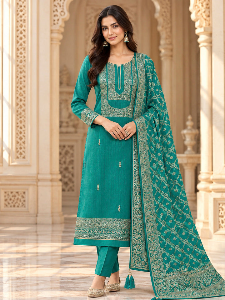 Rama Green Tissue Embroidered Unstitched Dress Material