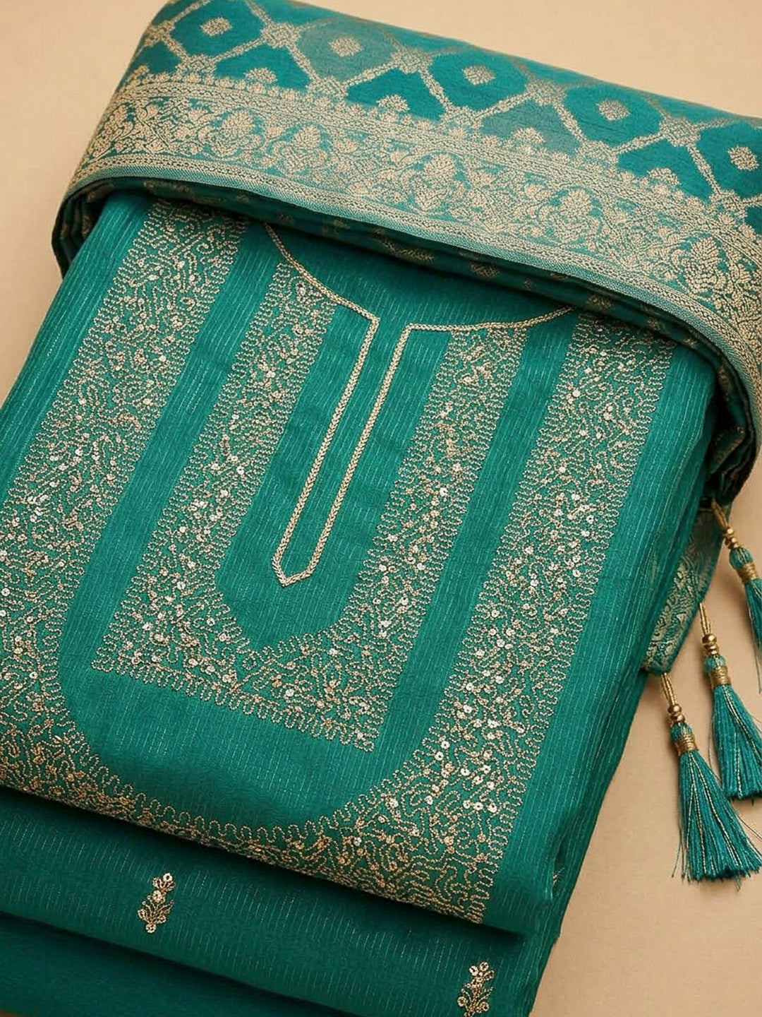 Rama Green Tissue Embroidered Unstitched Dress Material