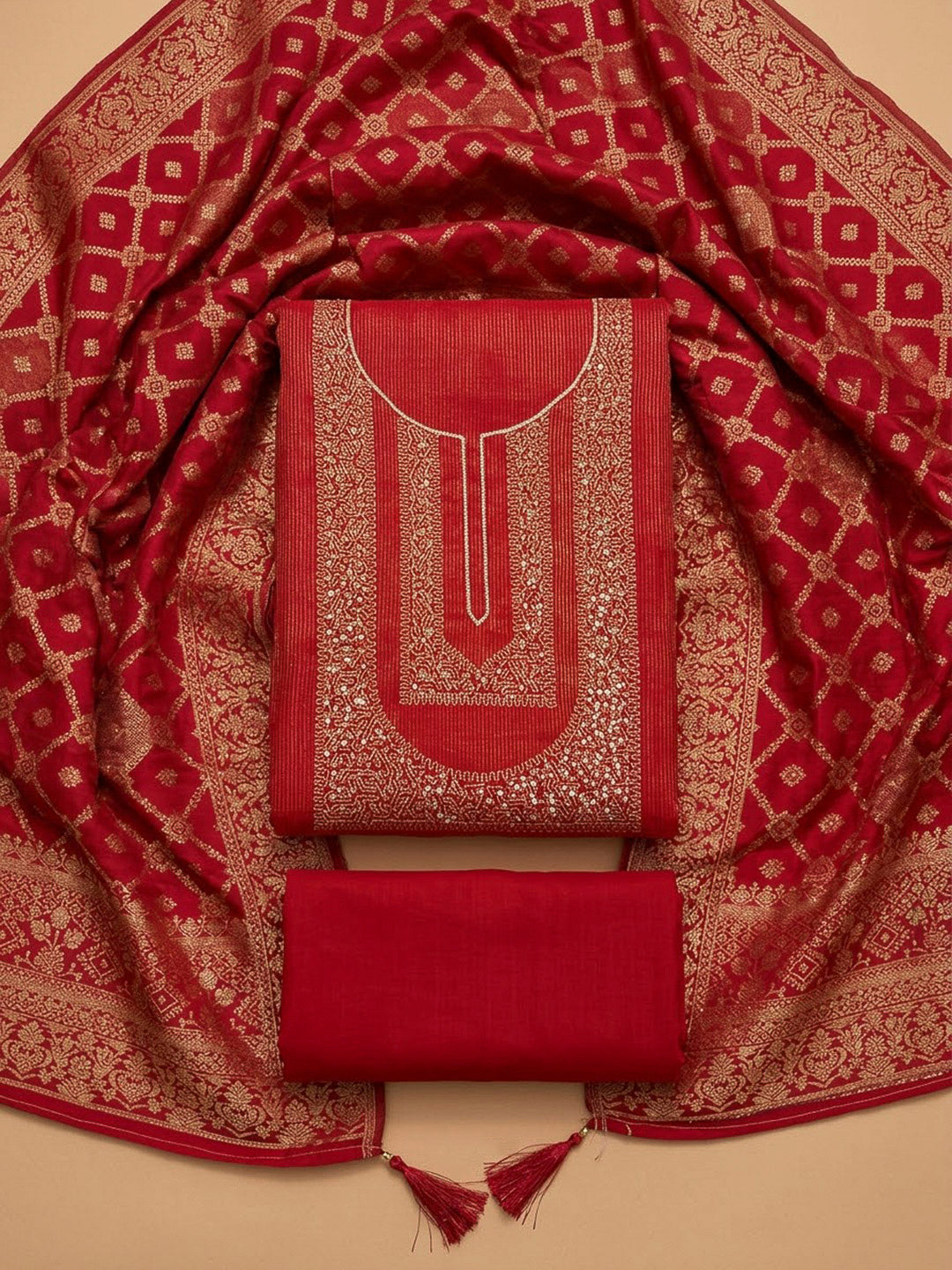 Red Tissue Embroidered Unstitched Dress Material