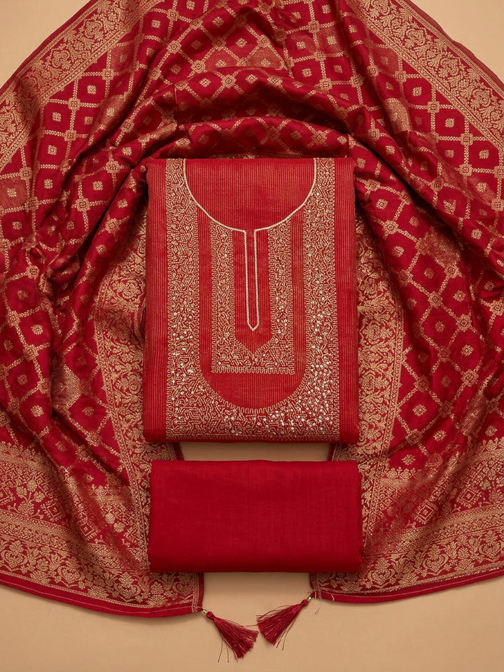 Red Tissue Embroidered Unstitched Dress Material