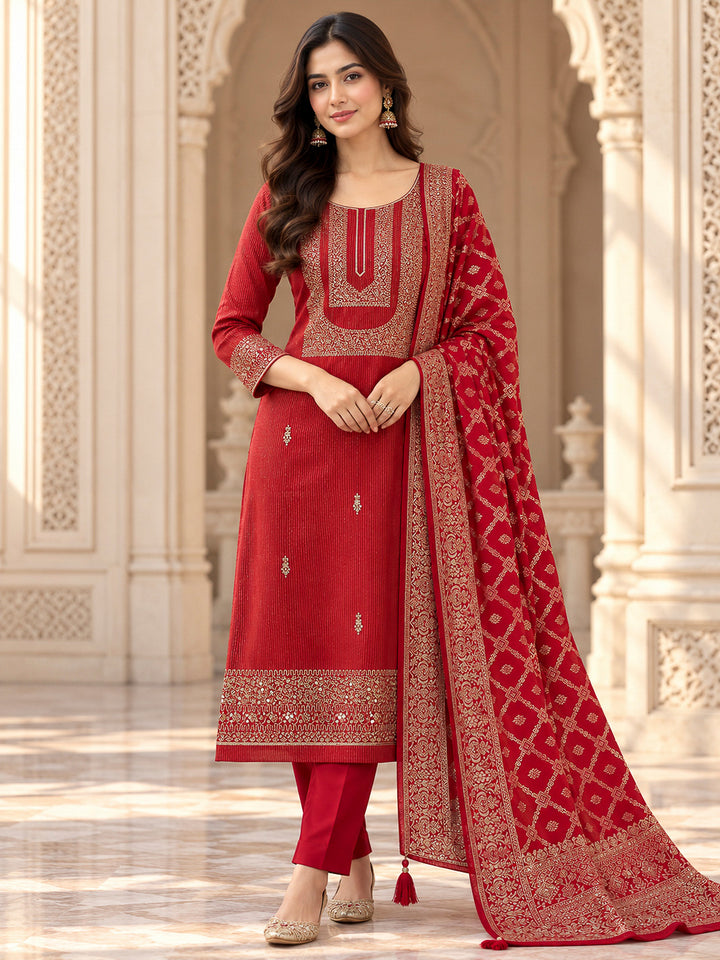 Red Tissue Embroidered Unstitched Dress Material