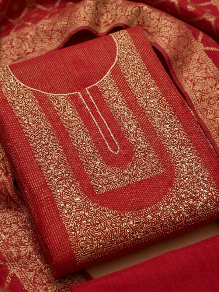 Red Tissue Embroidered Unstitched Dress Material