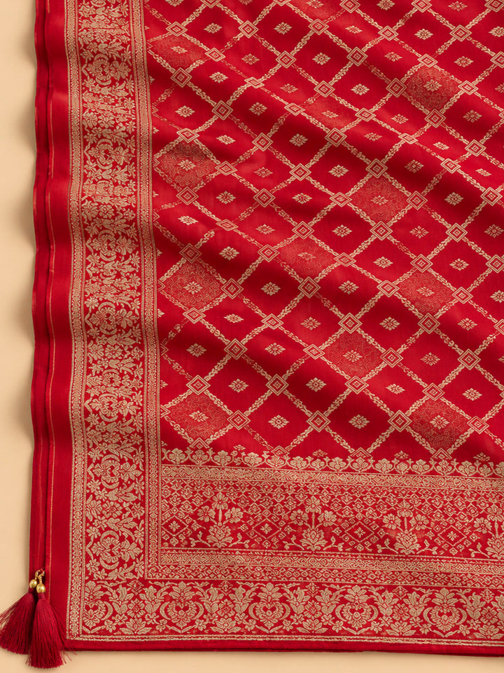 Red Tissue Embroidered Unstitched Dress Material