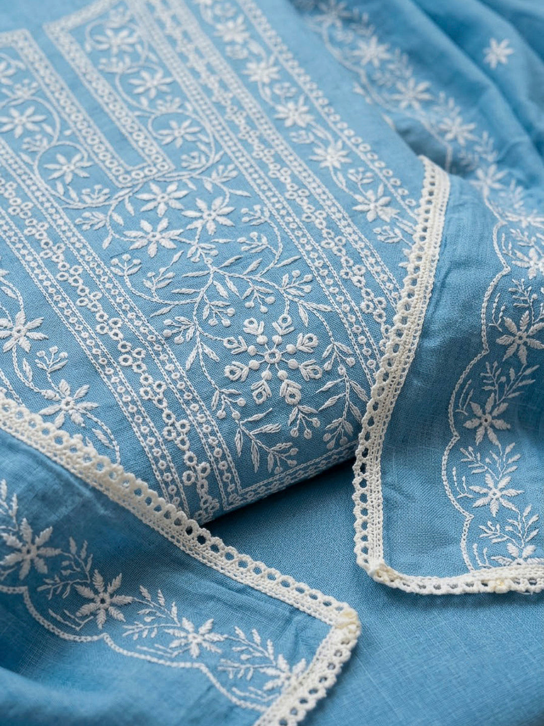 Blue Chanderi Embroidered Unstitched Dress Material