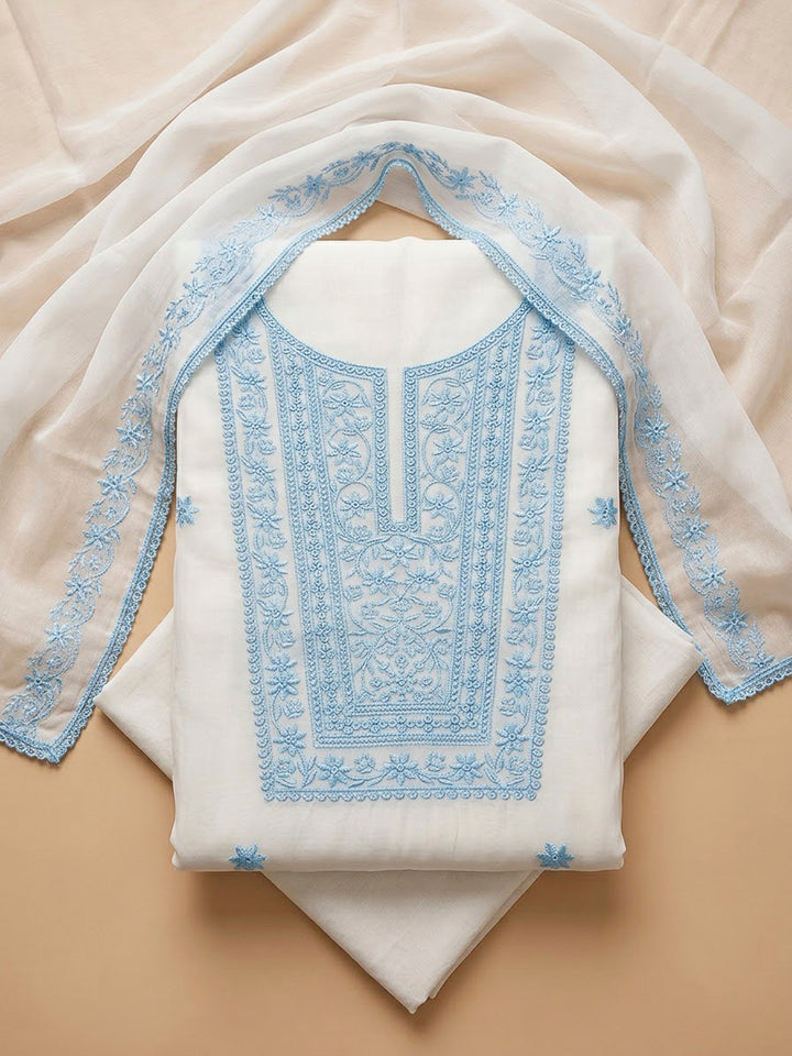 Off White Chanderi Embroidered Unstitched Dress Material